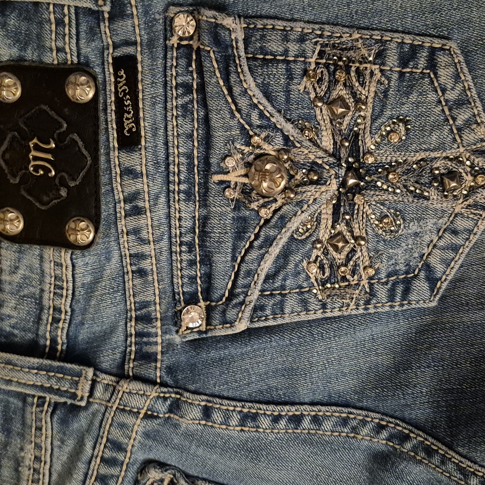 Miss Me Boot Cut Jeans • Size 28 • Embellished Cross  Pockets • Distressed Denim